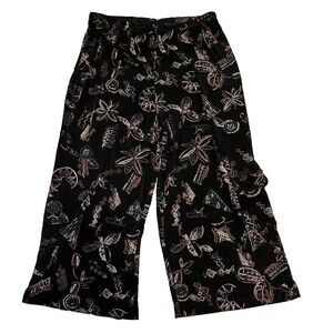 Chico's Travelers Wrinkle Free Pants L Black Print Boho Cropped Wide Leg Casual